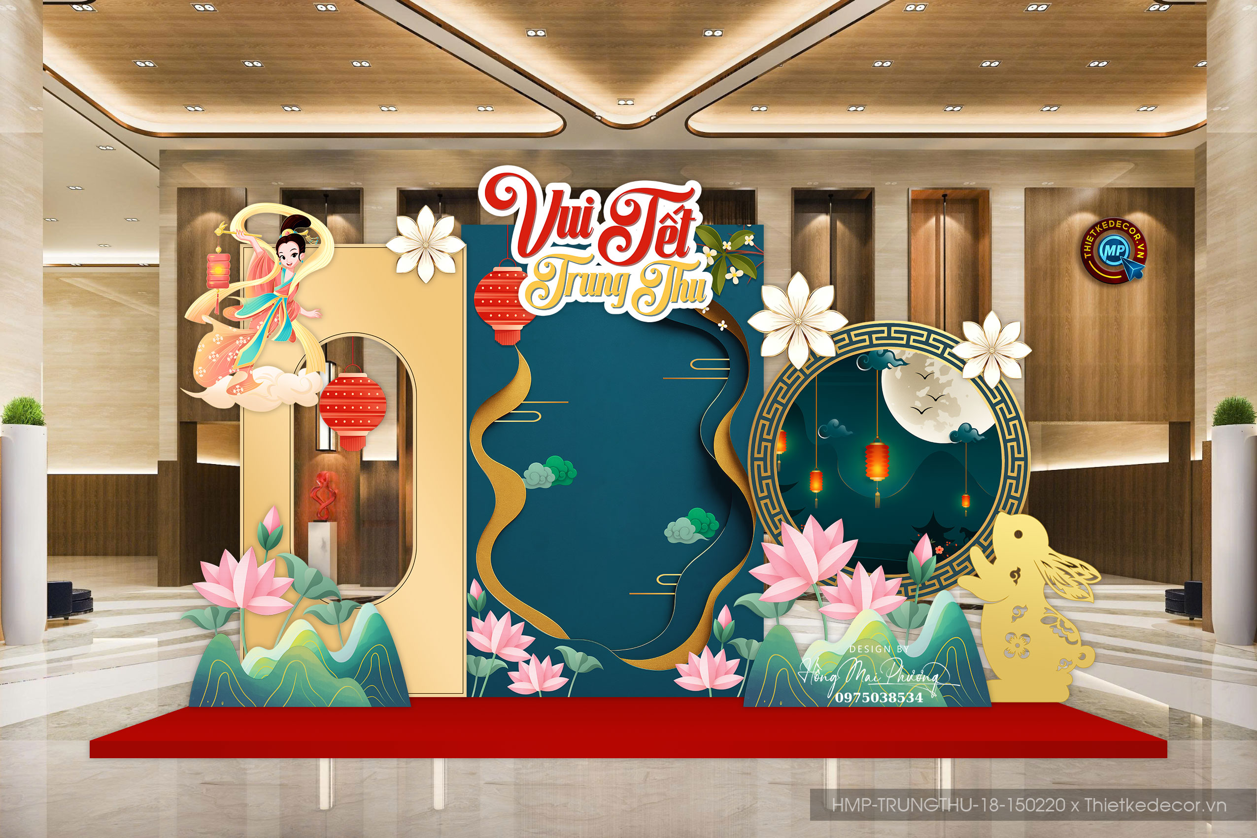 Vui tết trung thu tone xanh lá mix vàng. Trang trí đại sảnh.